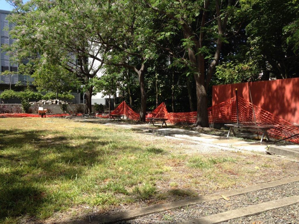 Tired, uninviting lawn with picnic tables in Zetland