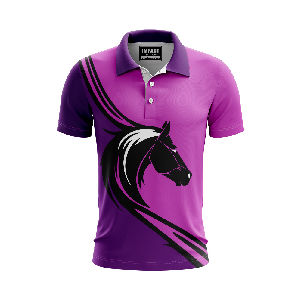  Fully Sublimated Polo Shirt Front, Horse Racing Design Pink Purple , custom made