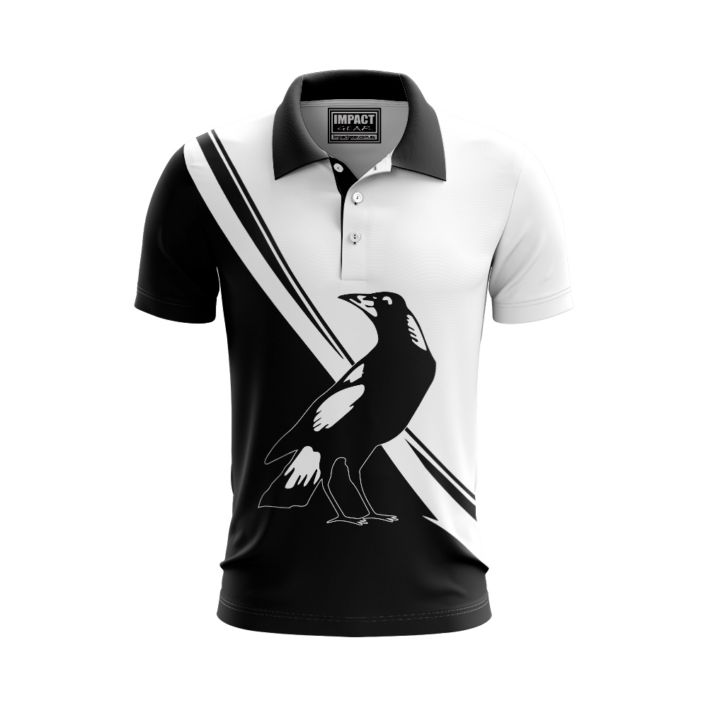 Magpies Sports club Fully Sublimated Polo shirt, custom made, Cool dry.