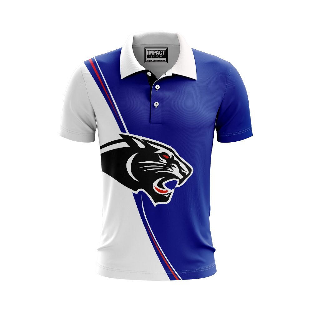 Panthers CATS, bLUE wHITE Impact gear Sublimated Custom made Polo shirts