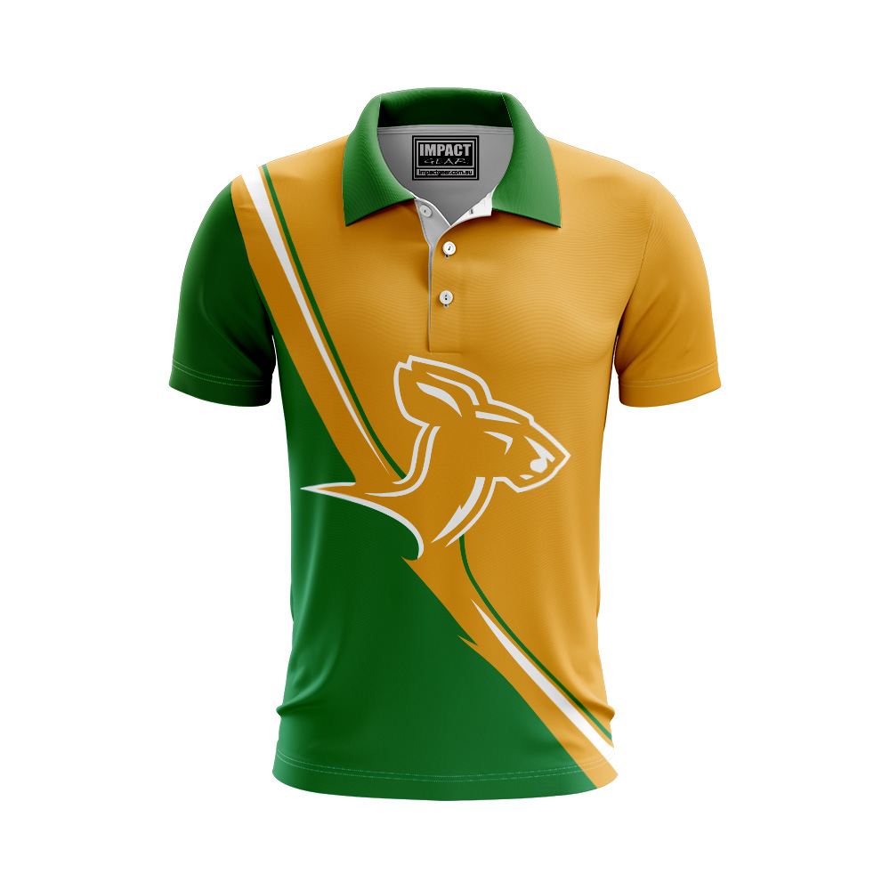 ROO  Sublimated custom made Polo shirts, Gold Green Australia