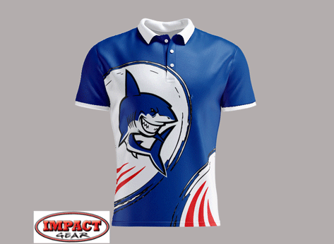 3D Animated v2 Sharks Dye Sublimated Polo shirt , Custom made, Sunshine Coast.