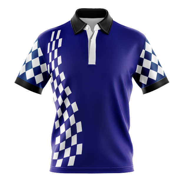 Dye Sublimated Polo Shirt Blue White Checks Racing Auto , Custom design,Cool, Quick Dry And Lightweight. .Custom made 100% Cool Dry Polyester Micro Mesh Fabric breathable.  