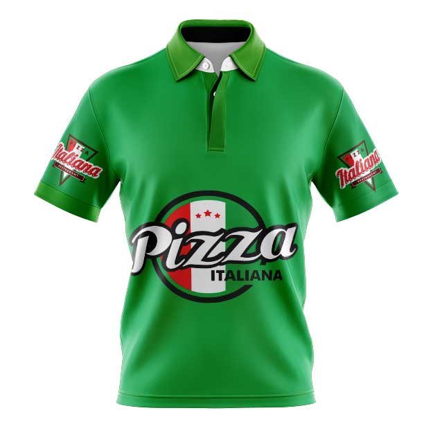 Sublimated Polo Pizza Green, Cool, Quick Dry And Lightweight. .Custom made 100% Cool Dry Polyester Micro Mesh Fabric breathable.  