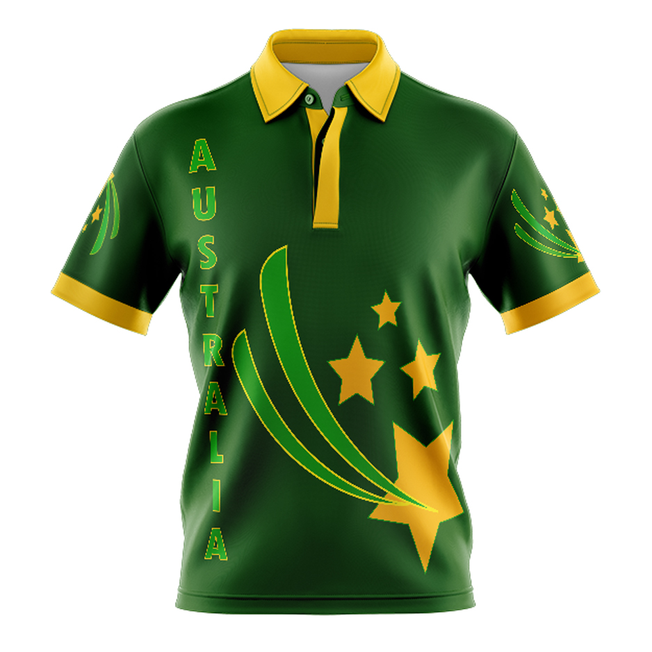 Dye Sublimated Polo Shirt Australia Green & Gold, Cool, Quick Dry And Lightweight. .Custom made 100% Cool Dry Polyester Micro Mesh Fabric breathable.  