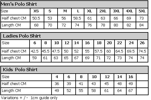 Mens Size Chart Sublimated Polo Shirts