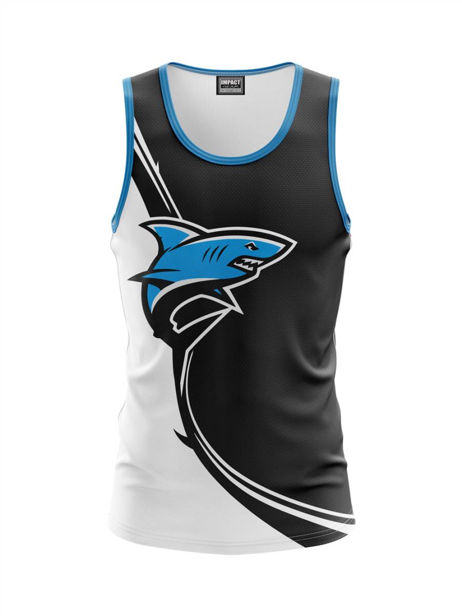 Fully Dye Sublimated Singlet. Tank Top, Sharks Design Blue Black
