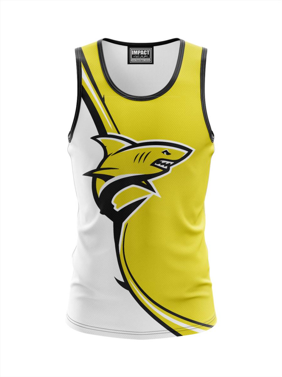 Yellow White Sharks Design Singlet, Sublimated All over print.