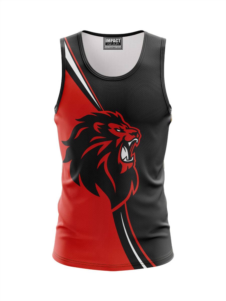 Lions Black Red Sublimated Singlet, Custom made add your logos