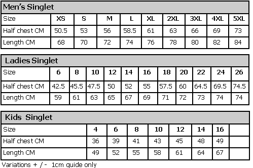 Size Chart Singlet Sublimated