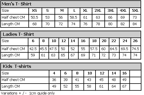 Size Chart T-shirts