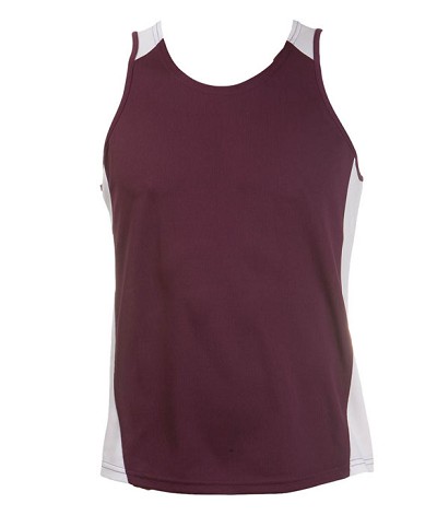 burgundy White Olympikool Singlets, Cool dry, breathable, light weight, Mens, Ladies,