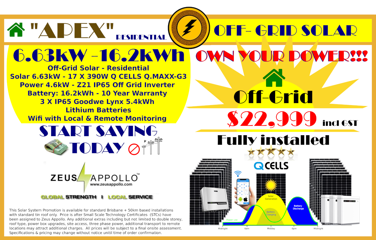 Off Grid Solar - 6.6kW + 16.2kWh lithium battery system fully installed Brisbane