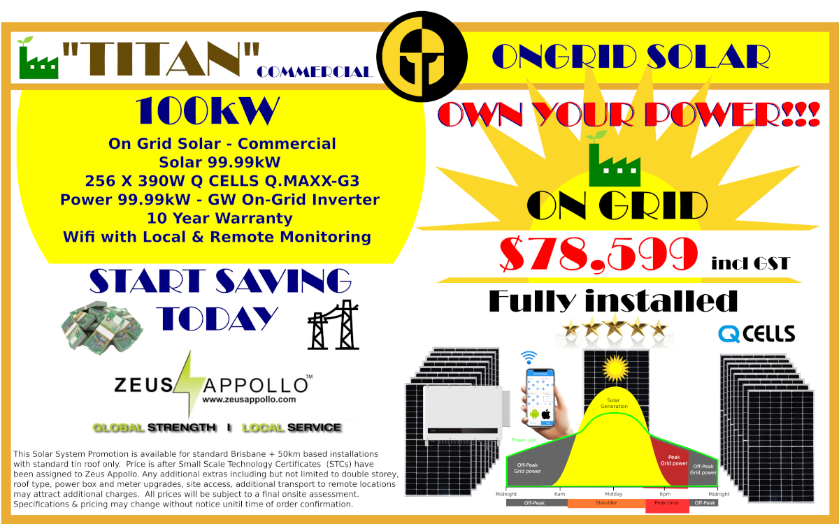 Commercial Ongrid Solar 100kW fully installed Brisbane